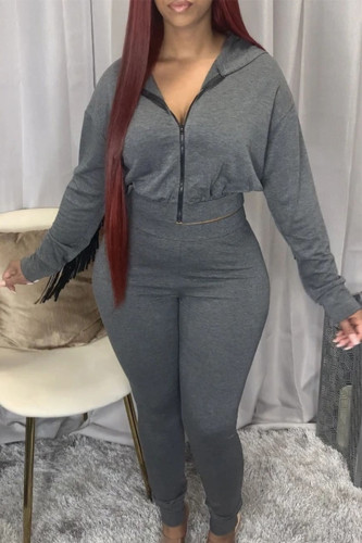 Grey Sexy Spandex Solid Split Joint Hooded Collar Long Sleeve Regular Sleeve Short Two Pieces
