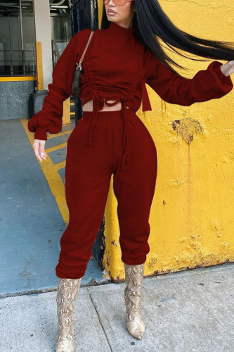 Wine Red Fashion Sportswear Adult Polyester Solid Draw String O Neck Long Sleeve Regular Sleeve Short Two Pieces