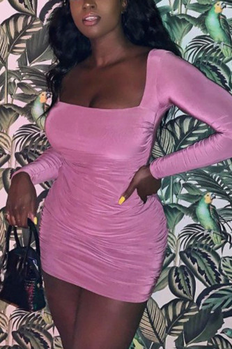 Pink Celebrities Polyester Solid Tie-dye Square Collar Long Sleeve Wrapped Skirt Dresses