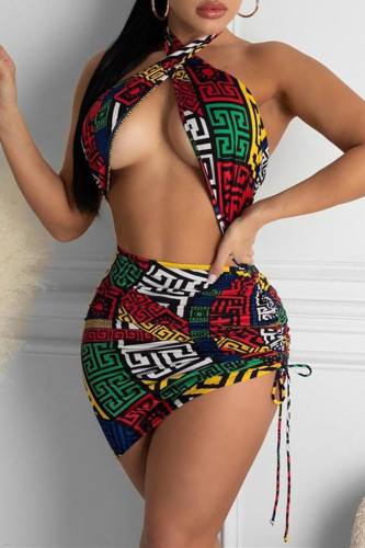 Multi-color Fashion Sexy Print Hollowed Out Backless Halter Sleeveless Dress