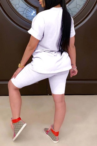 White Fashion Casual Print Basic O Neck Short Sleeve Two Pieces
