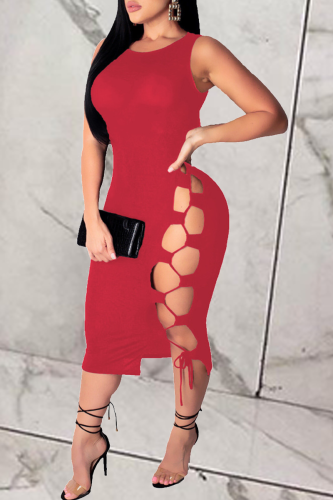 Red Sexy Solid Split Joint O Neck Pencil Skirt Dresses
