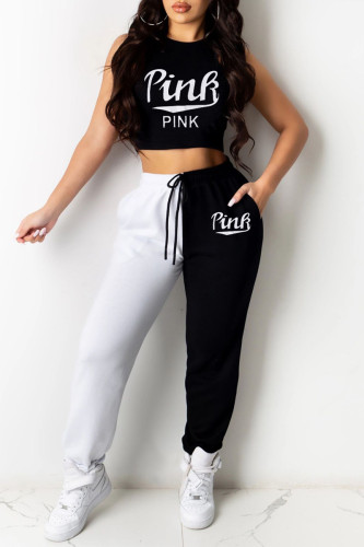 Milky Casual Sportswear Letter Print Split Joint O Neck Sleeveless Two Pieces