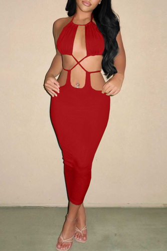 Pink Sexy Solid Hollowed Out Halter Pencil Skirt Dresses