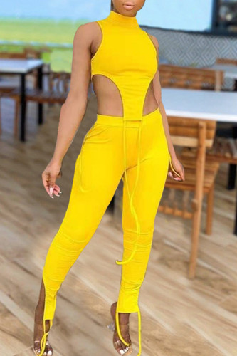 Yellow Fashion Sexy Solid Asymmetrical Turtleneck Sleeveless Two Pieces