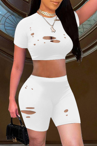 White Fashion Casual Solid Ripped Hollowed Out O Neck Short Sleeve Two Pieces