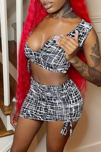 Black Fashion Sexy Print Basic V Neck Sleeveless Two Pieces