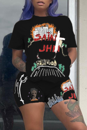 Black Fashion Casual Print Basic O Neck Short Sleeve Two Pieces