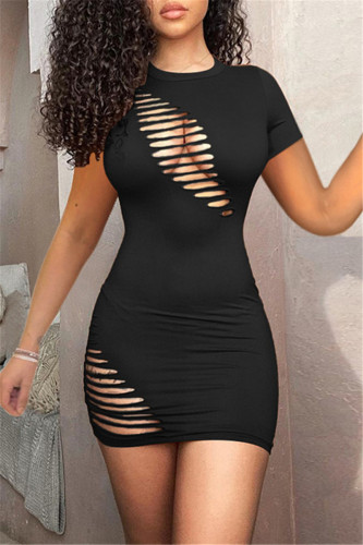 Black Fashion Sexy Solid Hollowed Out O Neck Short Sleeve Dress