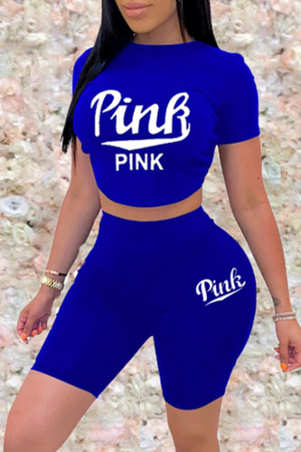 Blue Fashion Casual Letter Print Basic O Neck Short Sleeve Two Pieces