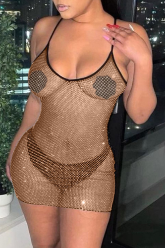 Brown Sexy Solid See-through Spaghetti Strap Pencil Skirt Dresses