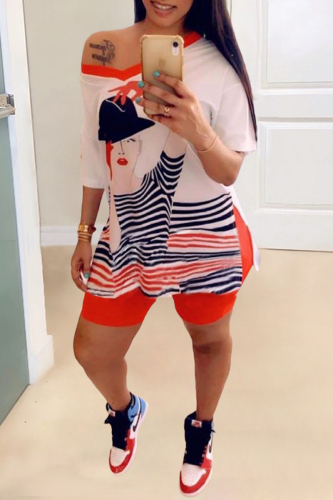 Tangerine Red Casual Print Split Joint V Neck Short Sleeve Two Pieces