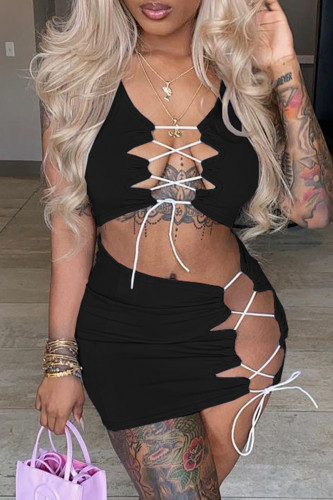 Black Fashion Sexy Solid Hollowed Out Strap Design Sleeveless Two Pieces