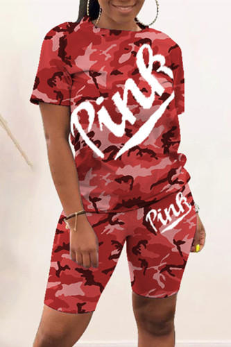Red Fashion Casual Letter Camouflage Print Basic O Neck Short Sleeve Two Pieces