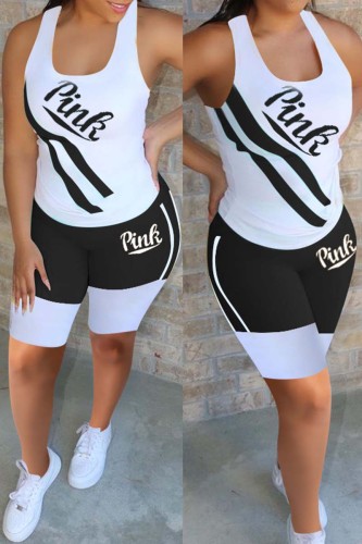 Black Casual Sportswear Letter Print Split Joint U Neck Sleeveless Two Pieces