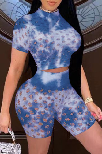 Blue Fashion Sexy Print Tie Dye Hollowed Out See-through Half A Turtleneck Short Sleeve Two Pieces