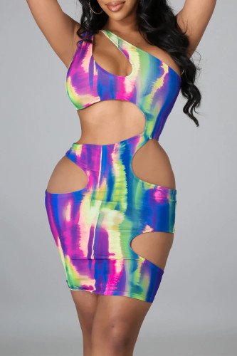 Multicolor Fashion Sexy Print Hollowed Out Oblique Collar Sleeveless Dress