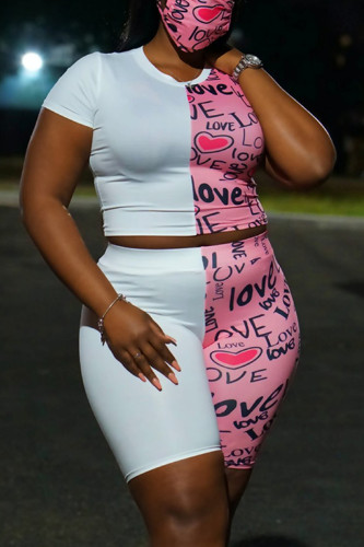 Pink Fashion Casual Print Split Joint O Neck Short Sleeve Two Pieces