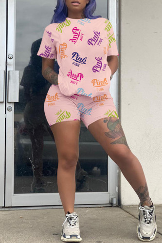 Black Fashion Casual Letter Print Basic O Neck Short Sleeve Two Pieces