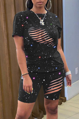 Black Fashion Sexy Print Ripped Hollowed Out O Neck Short Sleeve Two Pieces