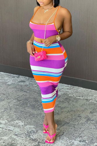 Pink Sexy Print Split Joint Spaghetti Strap Sleeveless Two Pieces