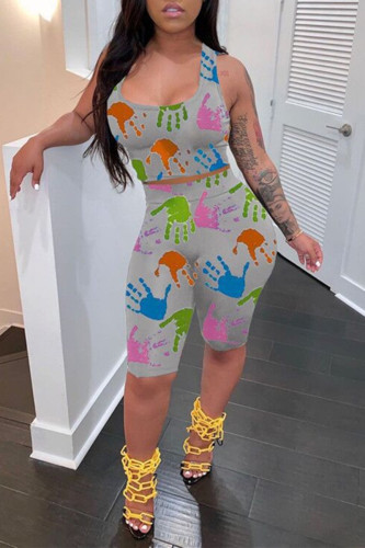 Grey Fashion Casual Print Basic U Neck Sleeveless Two Pieces