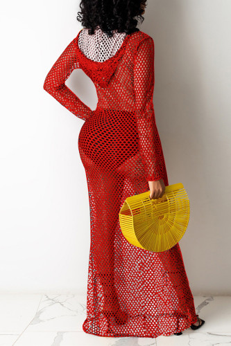 Red Fashion Sexy Solid Hollowed Out See-through Hooded Collar Long Sleeve Dresses