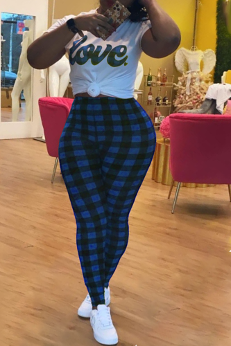 Blue Casual Plaid Split Joint O Neck Short Sleeve Two Pieces