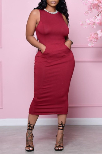 Burgundy Fashion Casual Solid Basic O Neck Sleeveless Dress