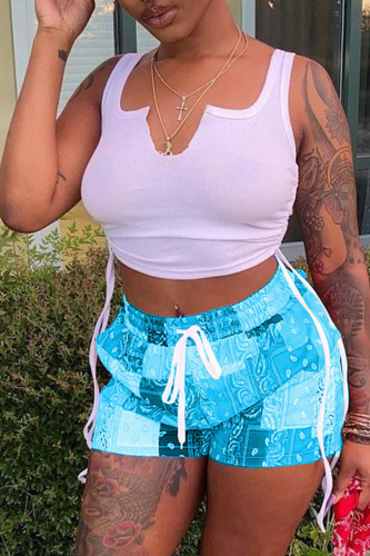 Baby Blue Sexy Print Ripped Contrast Spaghetti Strap Sleeveless Two Pieces