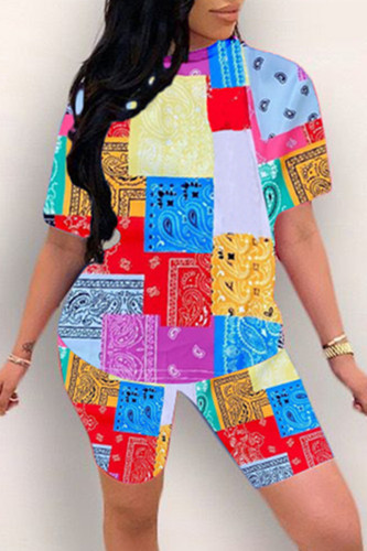 Yellow Fashion Casual Print Basic O Neck Short Sleeve Two Pieces