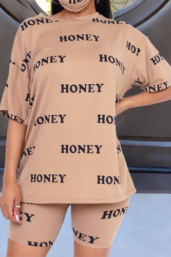 Khaki Casual Print Split Joint O Neck Short Sleeve Two Pieces