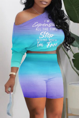 Purple Fashion Casual Gradual Change Letter Print Basic Oblique Collar Long Sleeve Two Pieces