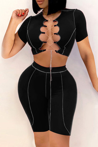 Black Fashion Sexy Solid Hollowed Out Strap Design O Neck Short Sleeve Two Pieces