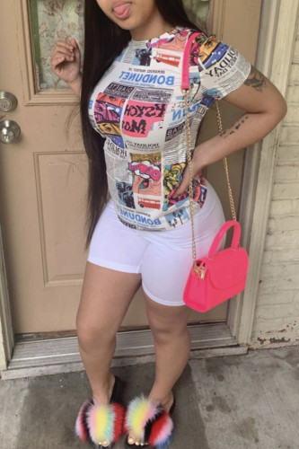 White Fashion Casual Print Basic O Neck Short Sleeve Two Pieces