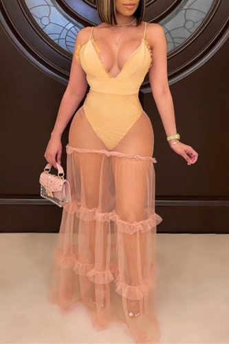 Yellow Fashion Sexy Patchwork See-through Backless V Neck Sling Dress