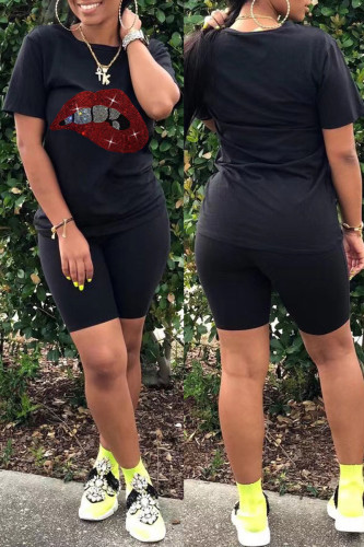 Black Fashion Casual Hot Drilling Basic O Neck Short Sleeve Two Pieces