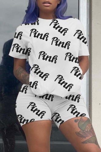 White Fashion Casual Letter Basic O Neck Short Sleeve Two Pieces