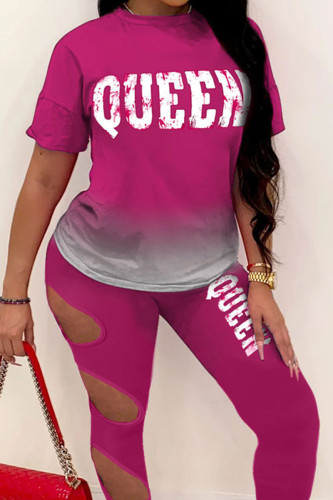 Rose Red Casual Gradual Change Letter Print Hollowed Out O Neck Short Sleeve Two Pieces