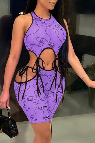 Purple Sexy Print Bandage O Neck Sleeveless Two Pieces