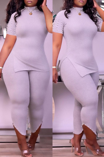 Grey Fashion Casual Solid Slit Beading Turtleneck Short Sleeve Two Pieces