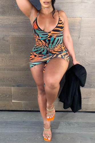 Gold Fashion Sexy Print Backless Strap Design V Neck Sling Dress