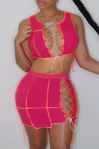 Rose Red Sexy Solid Hollowed Out Strap Design O Neck Sleeveless Two Pieces