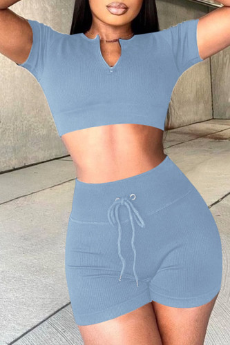 Blue Gray Fashion Casual Solid Basic V Neck Short Sleeve Two Pieces