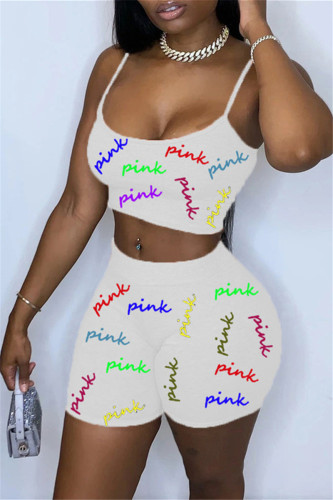 Cyan Sexy Casual Letter Print Backless Spaghetti Strap Sleeveless Two Pieces