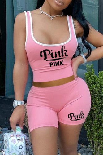 Pink Fashion Casual Letter Print Basic U Neck Sleeveless Two Pieces