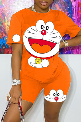 Orange Fashion Casual Print Basic O Neck Short Sleeve Two Pieces