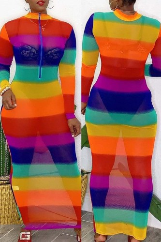 Rainbow Color Sexy Casual Print See-through Zipper Collar Long Sleeve Dresses