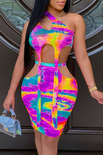 Purple Sexy Print Tie Dye Hollowed Out Backless Asymmetrical One Shoulder Sleeveless Two Pieces