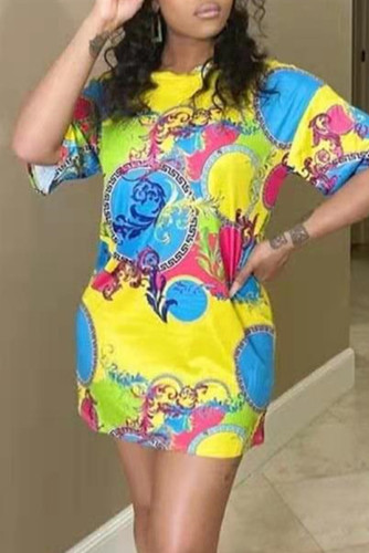 Yellow Fashion Casual Print Basic O Neck Short Sleeve Dress